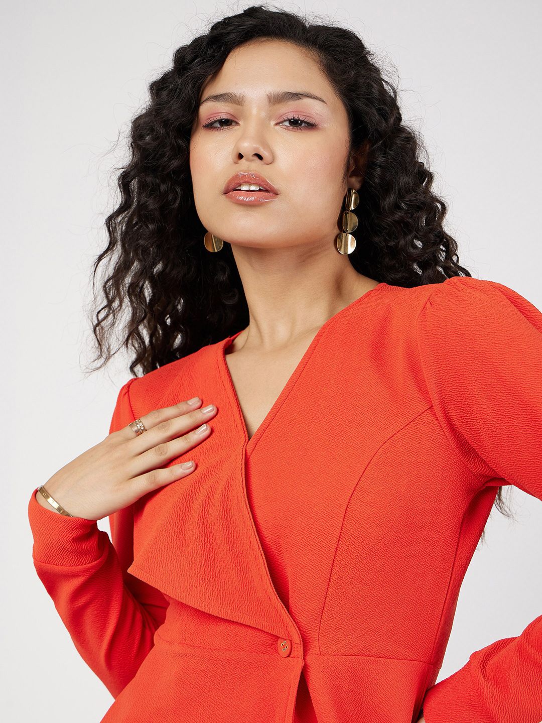 SASSAFRAS Self Design V-Neck Puff Sleeves Peplum Top With Trousers