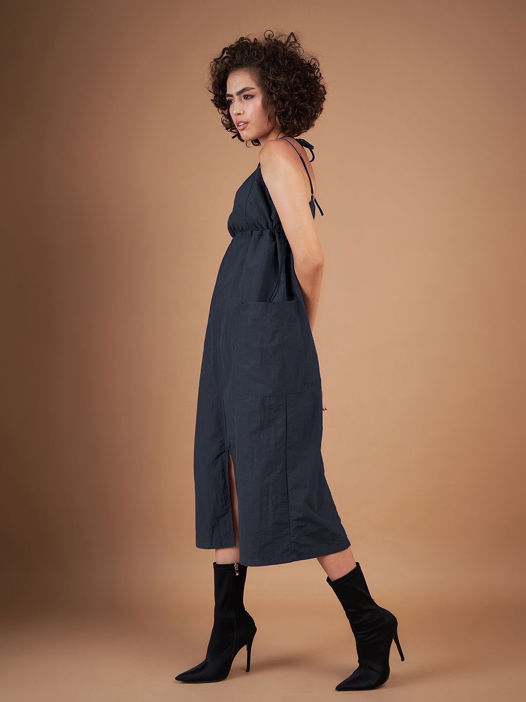SASSAFRAS Navy Blue Shoulder Straps Empire Parachute Midi Dress