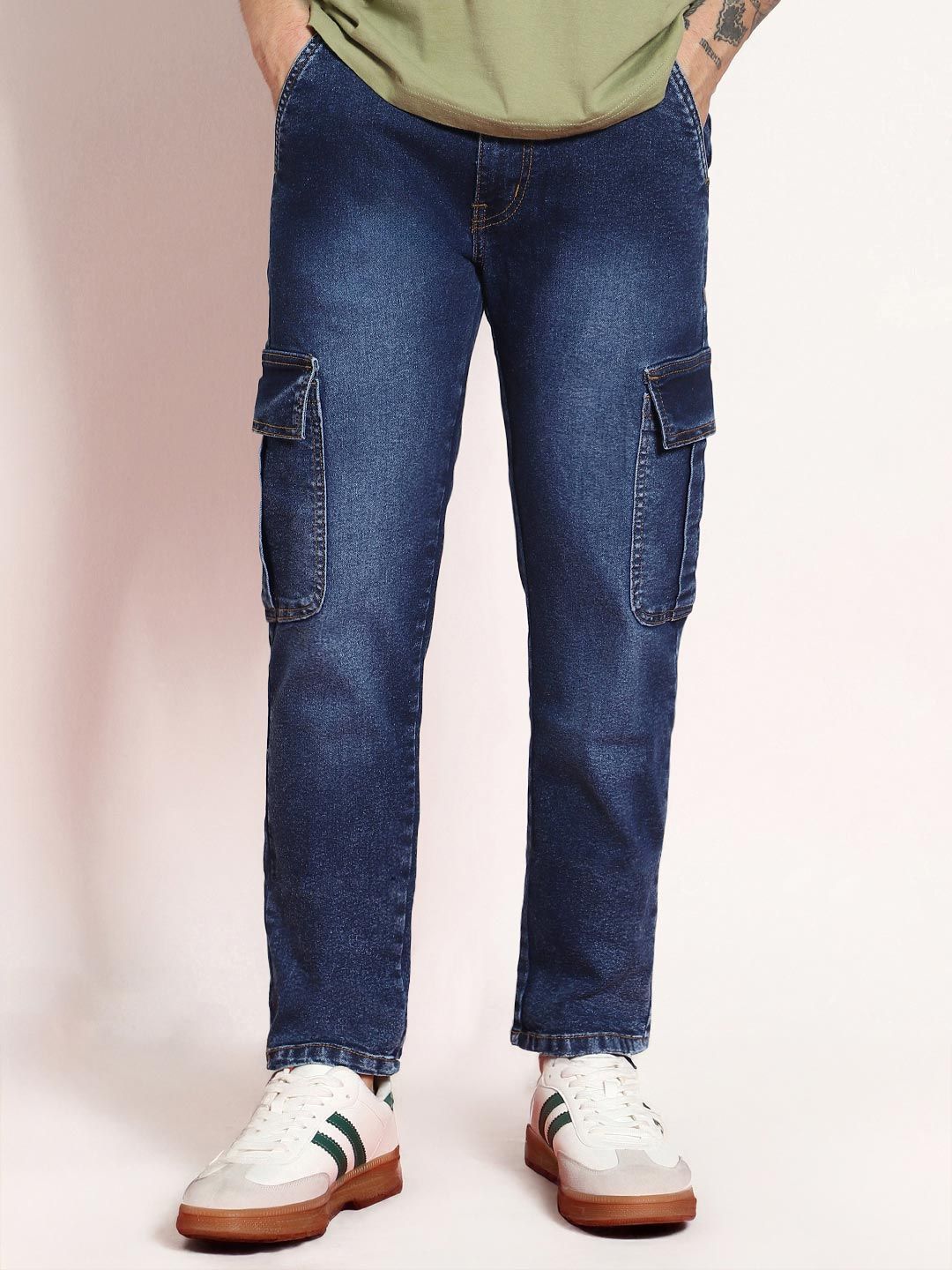Urbano Fashion Men Dark Blue Regular Fit Washed Cargo Jeans With 6 Pockets Stretchable