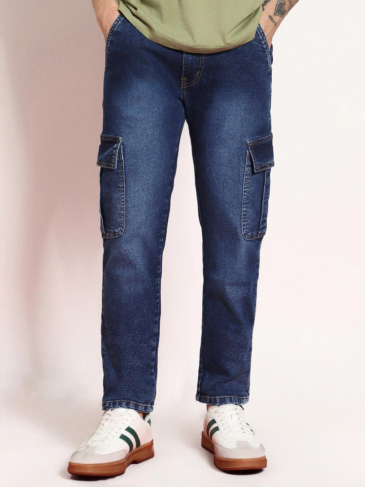 Urbano Fashion Men Dark Blue Regular Fit Washed Cargo Jeans With 6 Pockets Stretchable