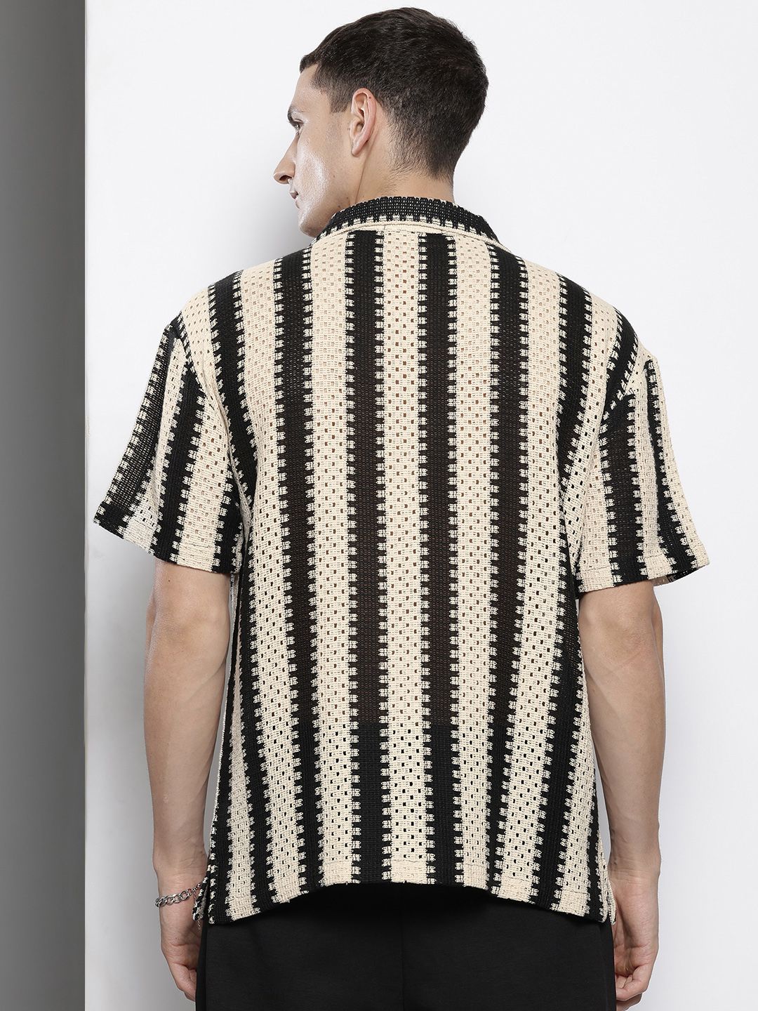 The Indian Garage Co Men Textured Open Weave Knitted Relaxed Fit Shirt