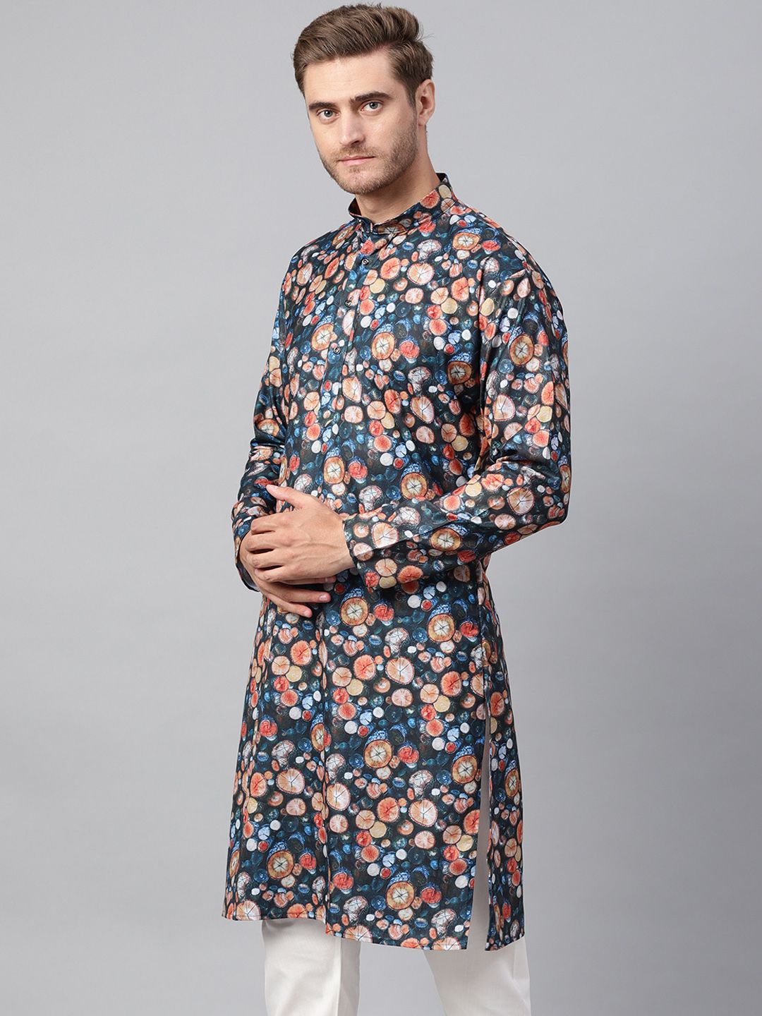 SOJANYA Kurta Lurus Bercetak Biru Lelaki