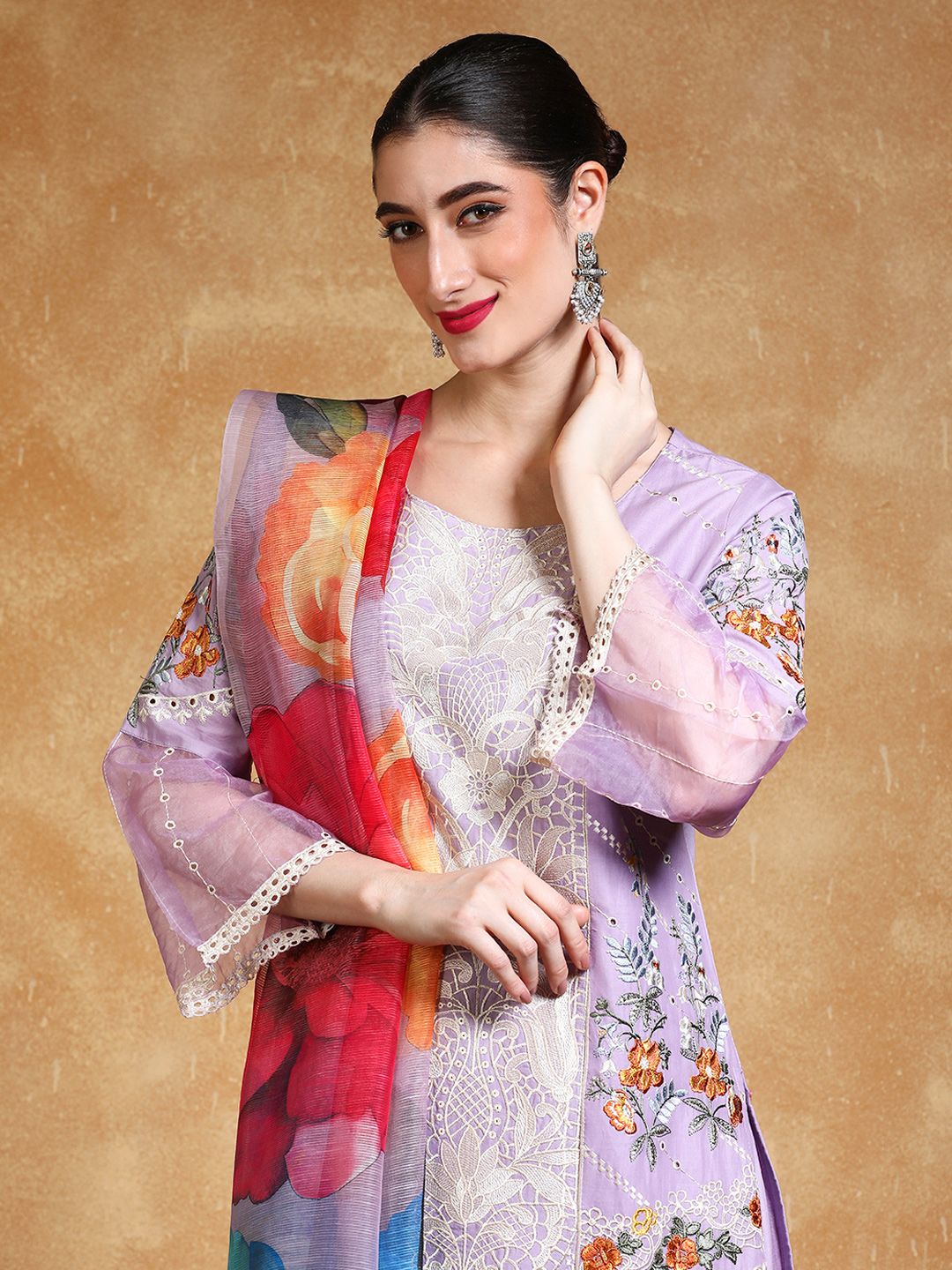 Varanga Women Floral Embroidered Cotton Kurta with Trousers & Dupatta