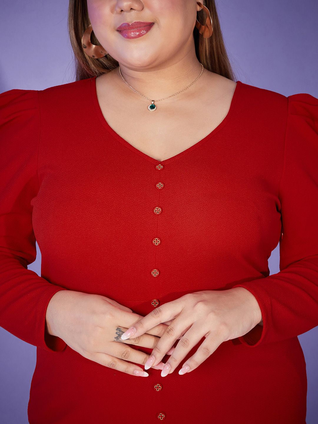 SASSAFRAS Curve Plus Size Red Puff Sleeves Sheath Midi Dress