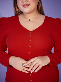 SASSAFRAS Curve Plus Size Red Puff Sleeves Sheath Midi Dress