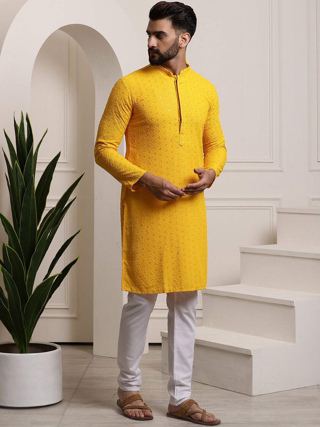 SOJANYA Men Ethnic Motifs Embroidered Sequinned Pure Cotton Kurta with Churidar