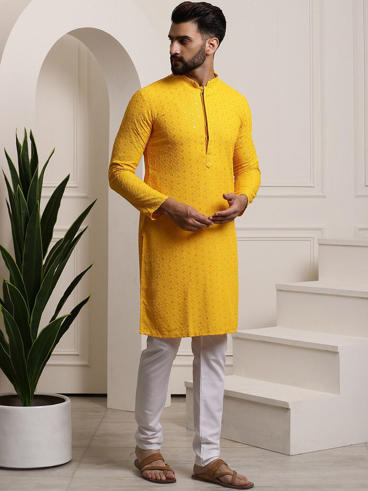 SOJANYA Men Ethnic Motifs Embroidered Sequinned Pure Cotton Kurta with Churidar