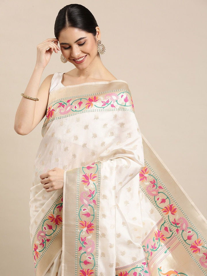 Saree mall Off White Solid Silk Blend Banarasi Sarees