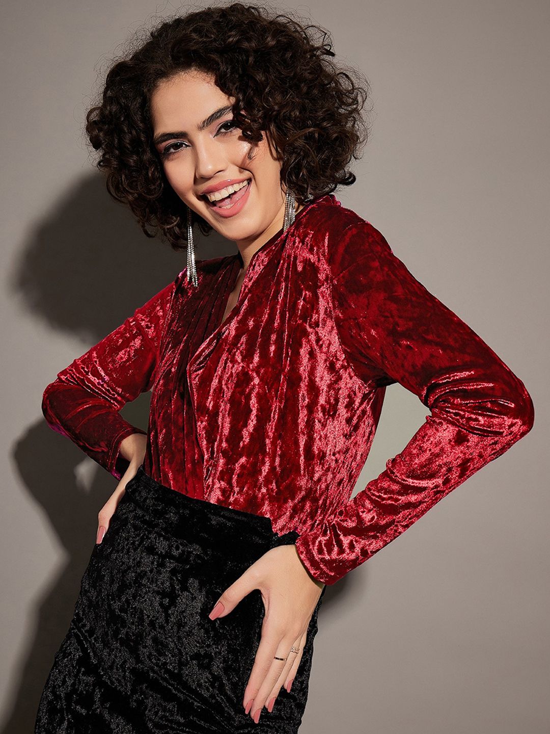 SASSAFRAS Self Design Velvet V-Neck Wrap Bodysuit