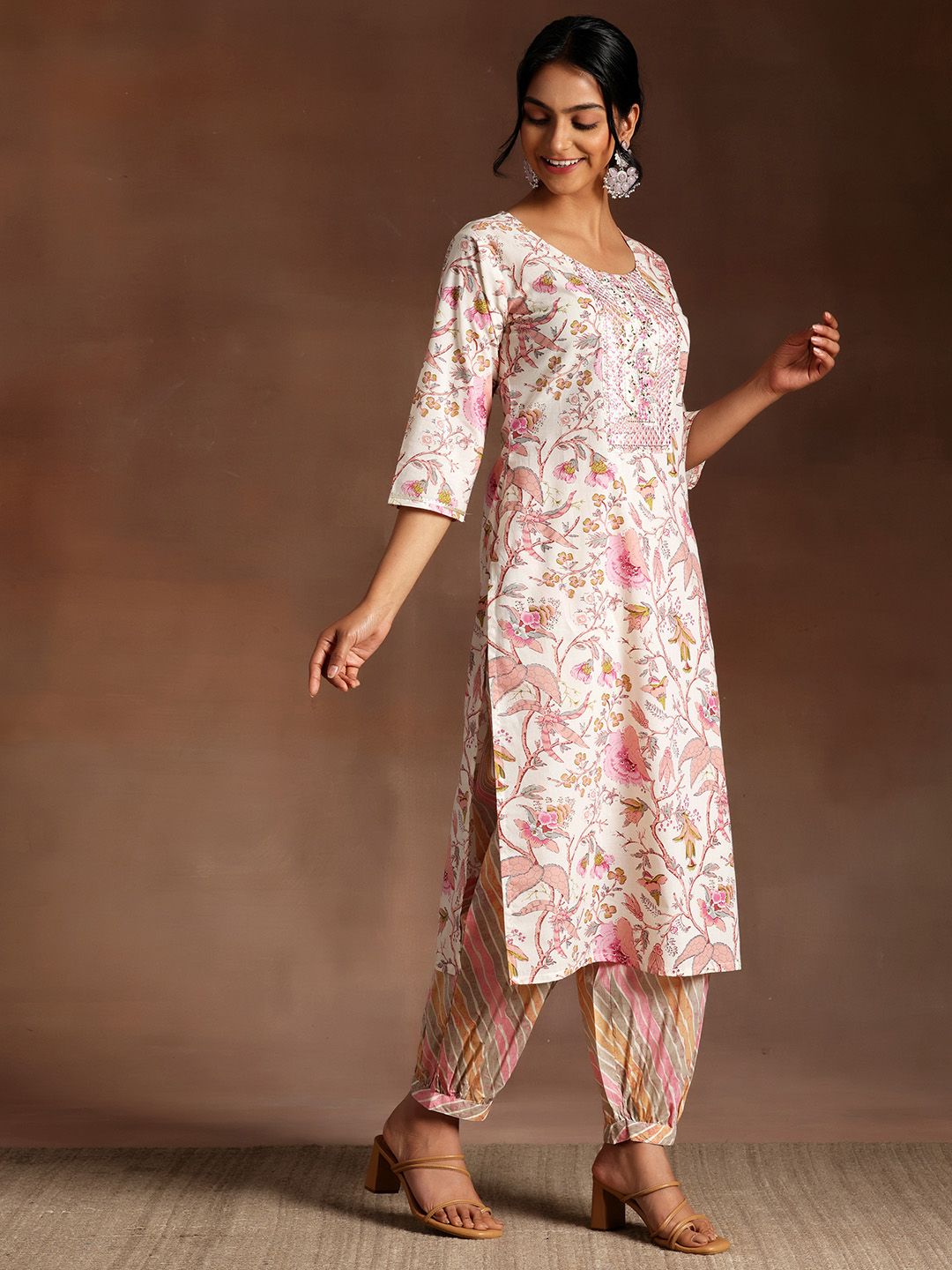 Libas Floral Printed Sequinned Pure Cotton Kurta with Salwar & Dupatta