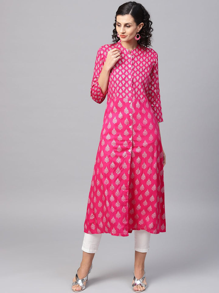 SOJANYA Women Pink & Silver Foil Print A-Line Kurta