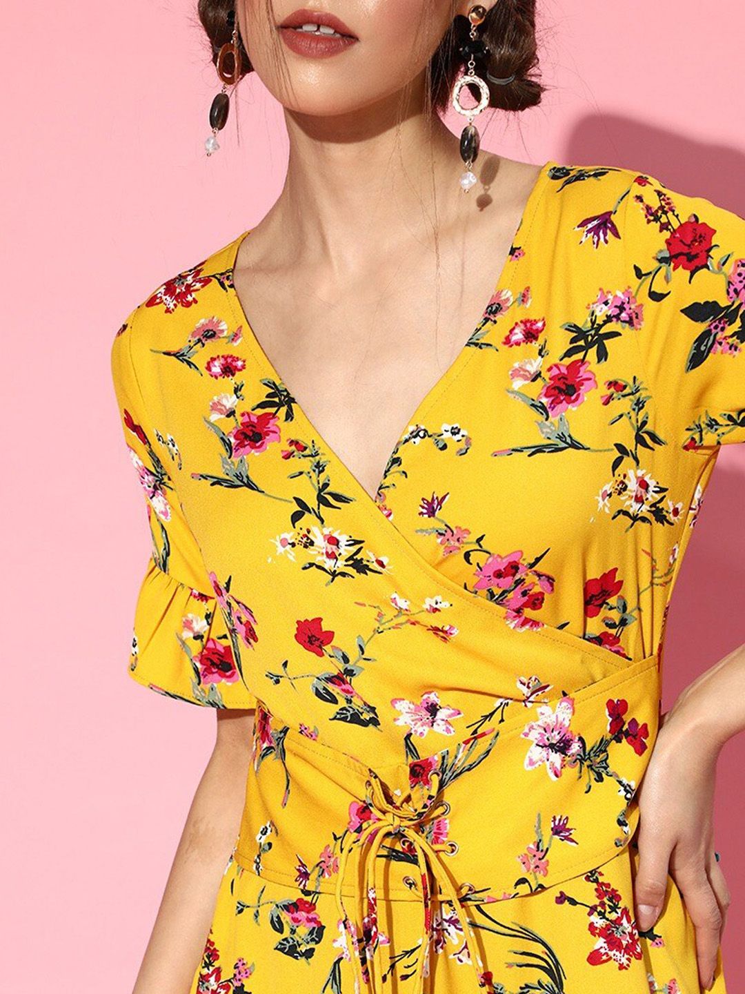Berrylush Yellow Floral Crepe Dress