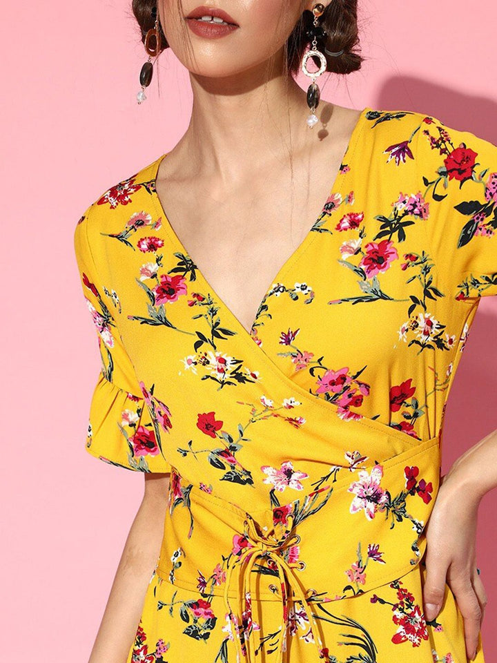 Berrylush Yellow Floral Crepe Dress