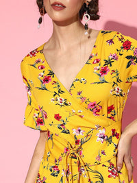Berrylush Yellow Floral Crepe Dress