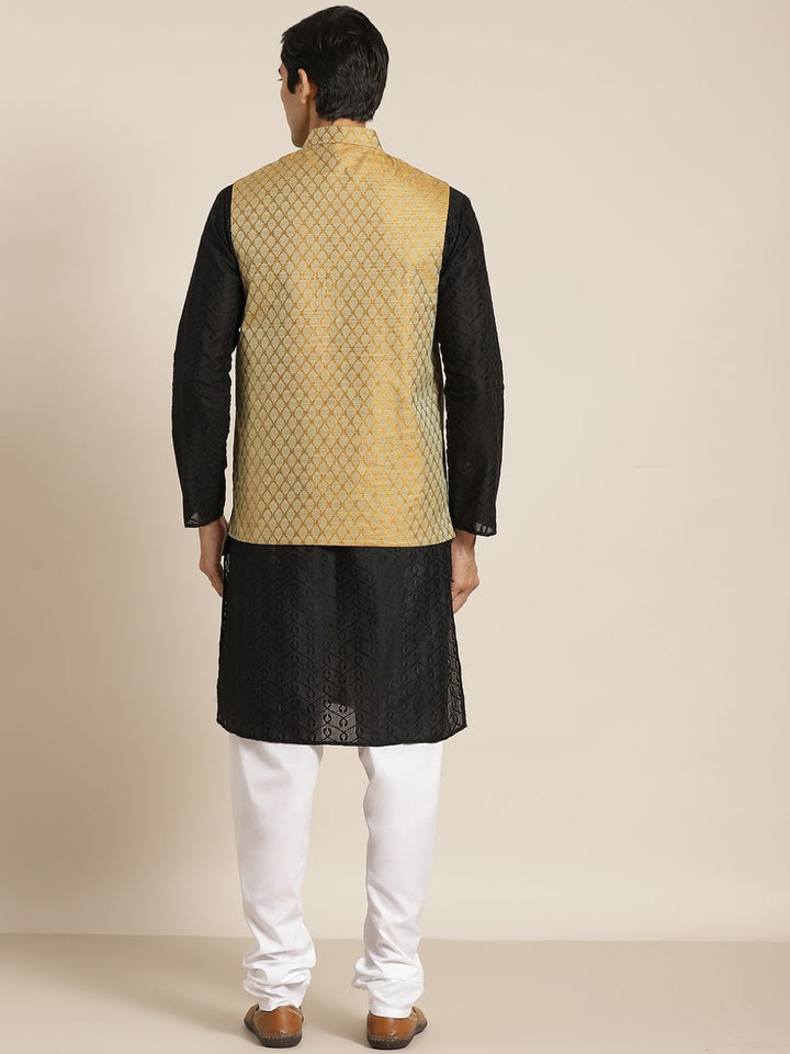 SOJANYA Men Black Chikankari Pure Cotton Kurta with Churidar & Nehru Jacket