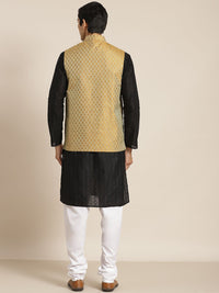 SOJANYA Men Black Chikankari Pure Cotton Kurta with Churidar & Nehru Jacket