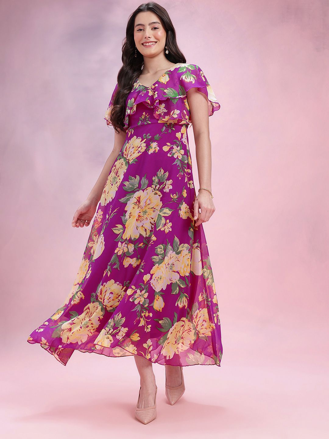 DressBerry Floral Print V-Neck Layered A-Line Midi Dress