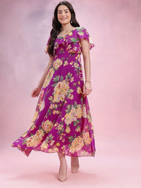 DressBerry Floral Print V-Neck Layered A-Line Midi Dress