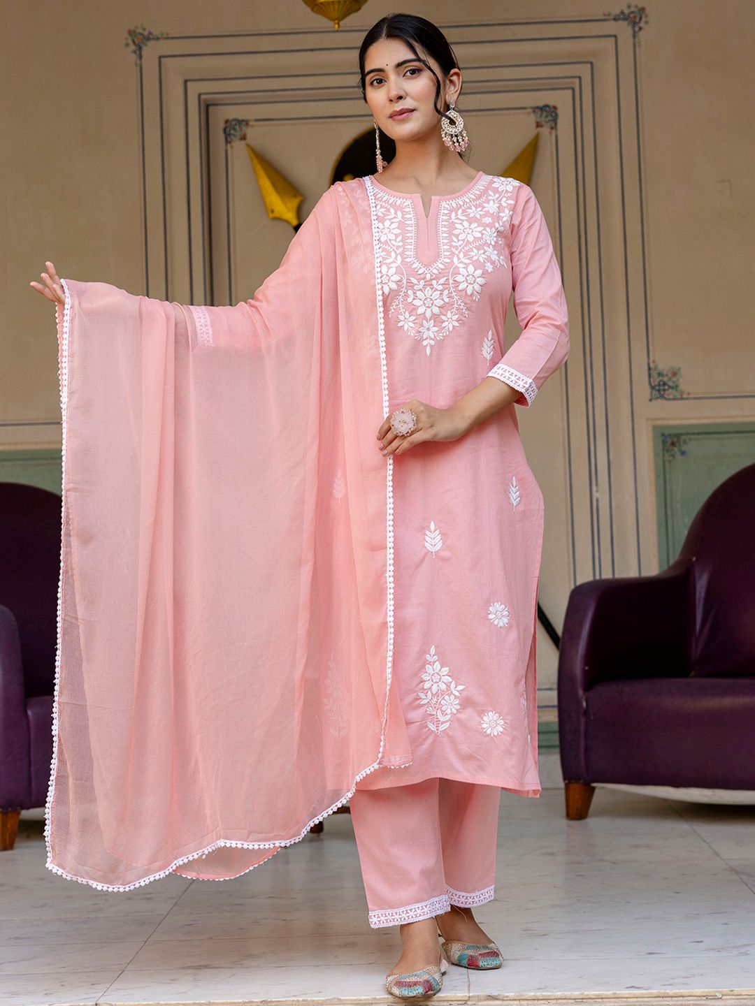KALINI Floral Embroidered Yoke Design A-Line Pure Cotton Kurta With Trouser And Dupatta