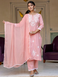 KALINI Floral Embroidered Yoke Design A-Line Pure Cotton Kurta With Trouser And Dupatta