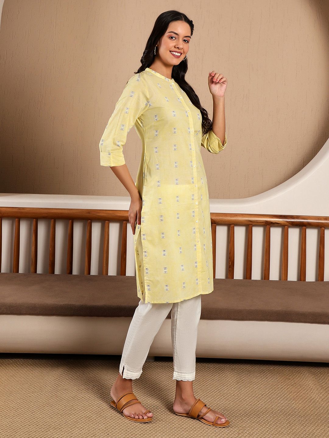 W Wanita Kurta Cotton Printed Geometric Kuning