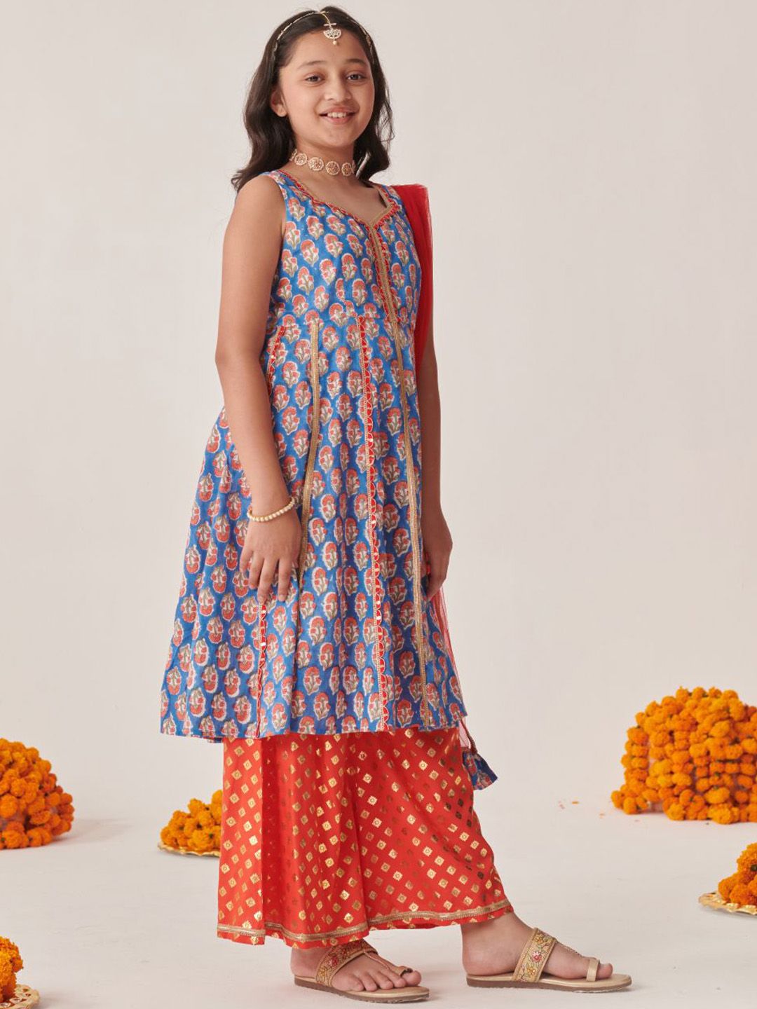 pspeaches Girls Floral Printed Empire Gotta Patti Kurta with Palazzos & With Dupatta