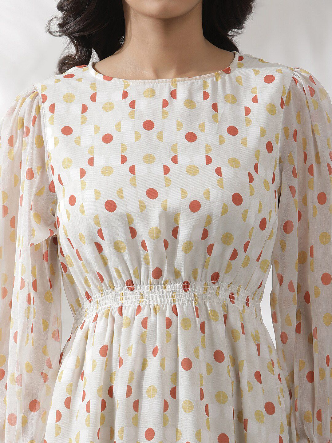 W Polka Dots Print Puff Sleeve Fit & Flare Midi Dress