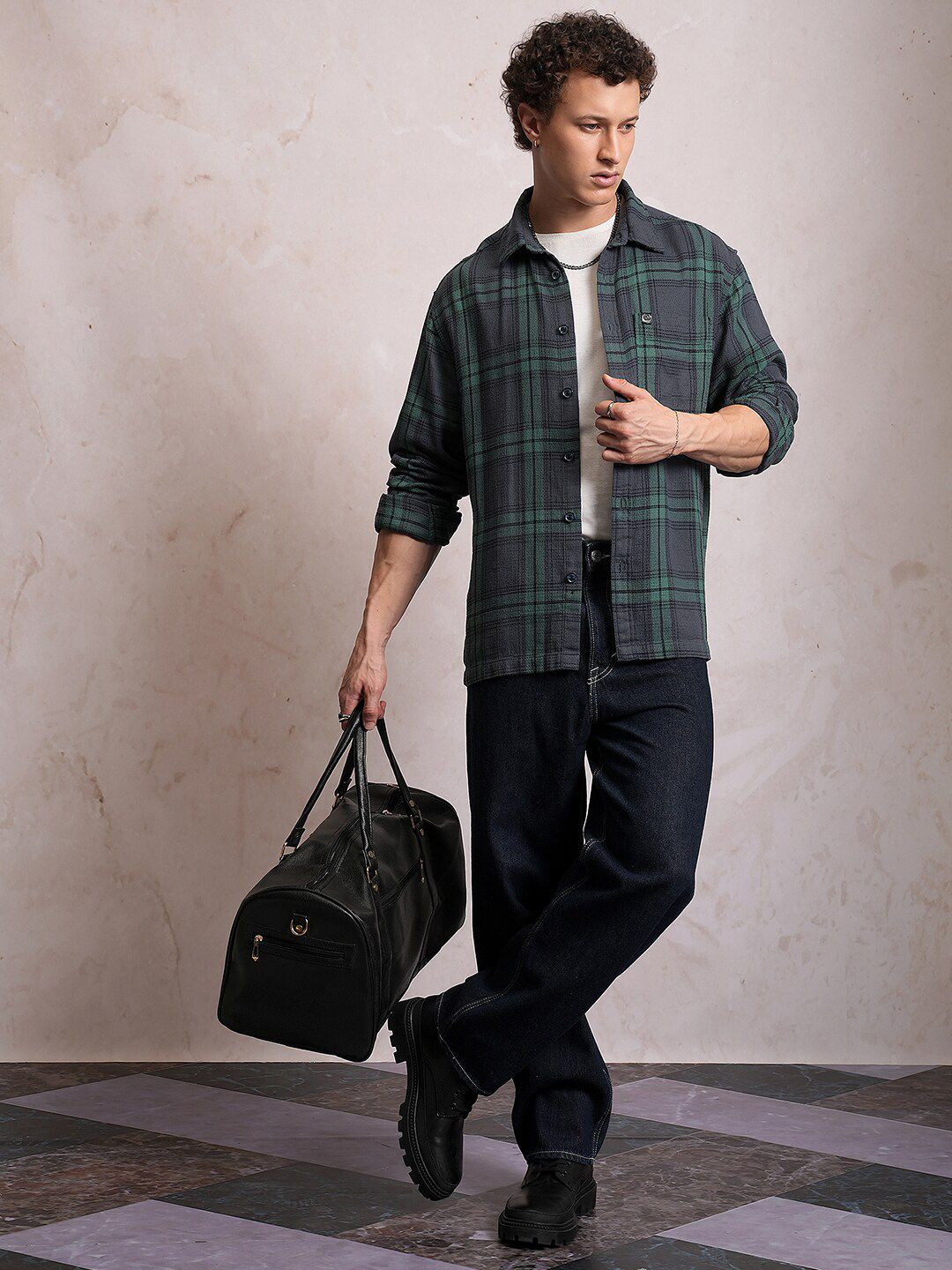 Locomotive Men Blue Dobby Textured Checked Cotton Overshirt