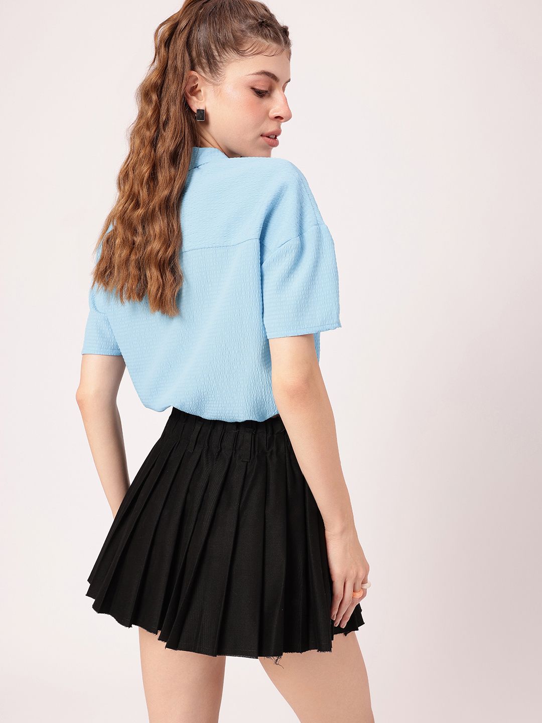 DressBerry Effortless Fun Seersucker Crop Shirt Style Top
