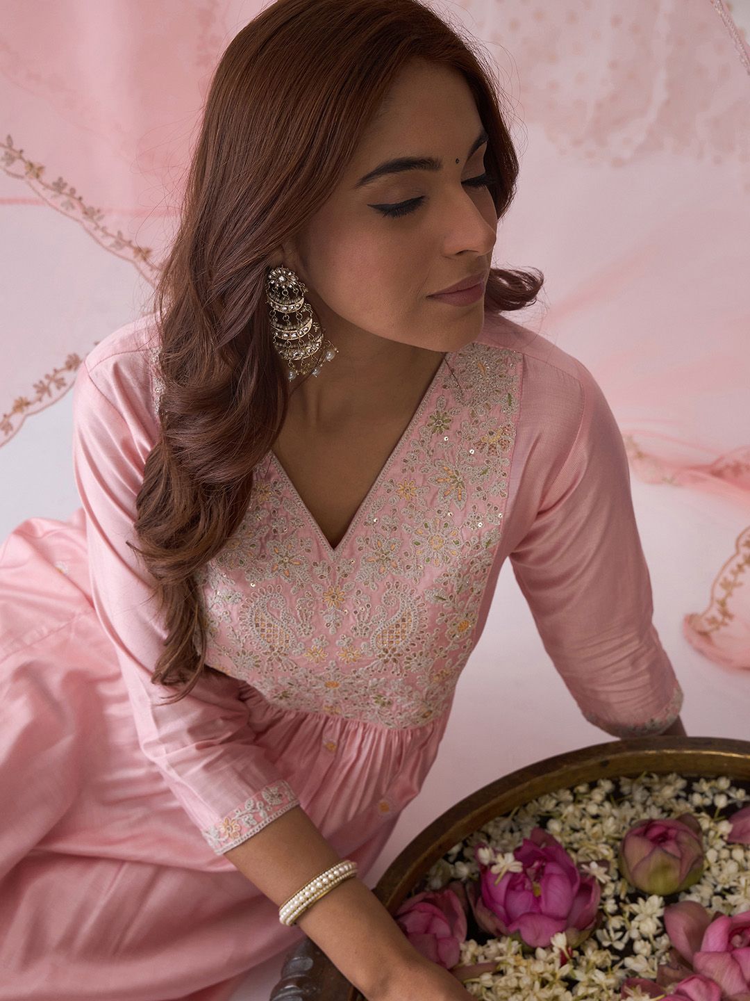 Indo Era Pink Ethnic Motifs Embroidered Aari Work Kurta with Trousers & Dupatta