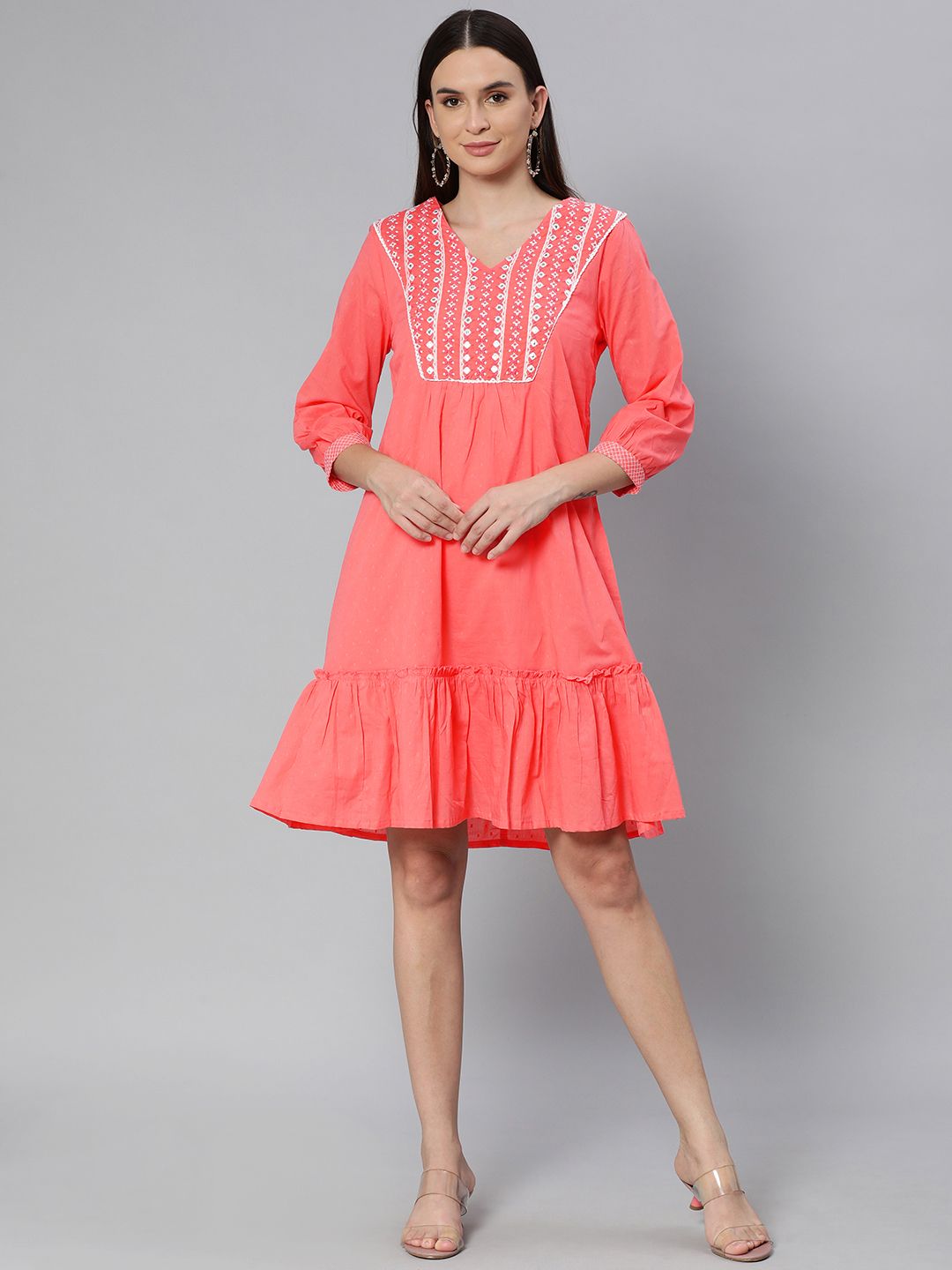 Global Desi Women Coral Pink & White Embroidered A-Line Dress