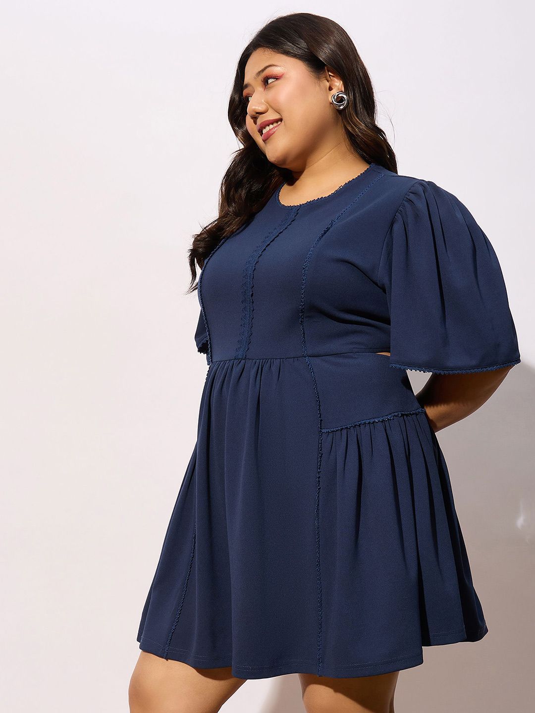 SASSAFRAS Curve Plus Size Navy Blue Round Neck Puff Sleeves Gathered Fit & Flare Dress