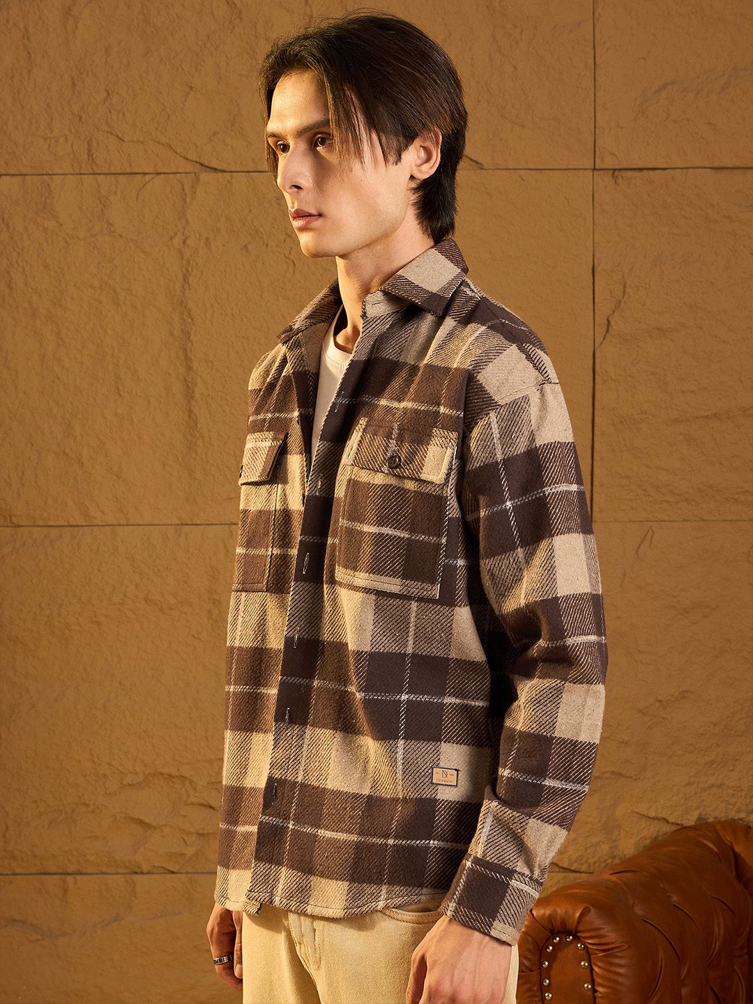 DENNISON Men Double Pocket Drop Shoulder Oversized Cotton Checked Shacket