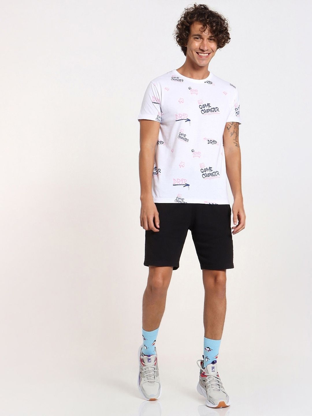 Bewakoof Men White & Navy Blue Printed T-shirt