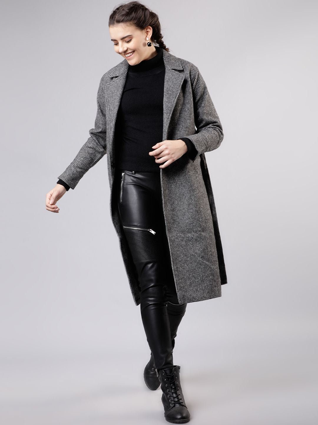 CHIC BY TOKYO TALKIES Women Grey Solid Houndstooth Trench Coat
