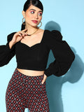 Berrylush Black Sweetheart Neck Bishop Sleeves Crepe Crop Top