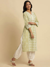 W Green Ethnic Motifs Embroidered Pure Cotton Straight Kurta
