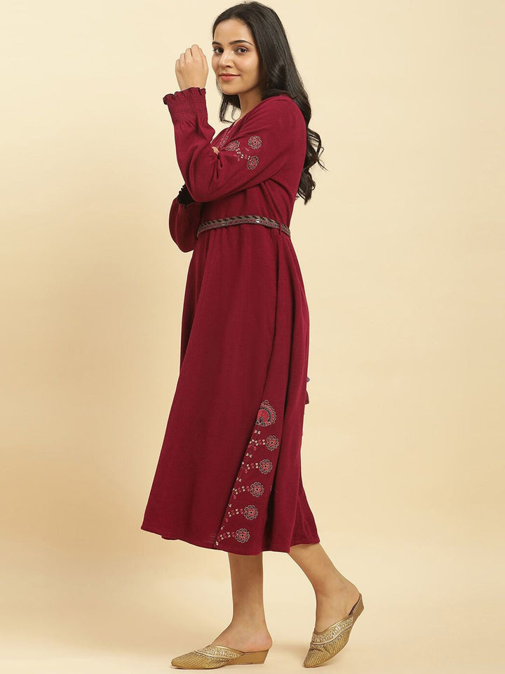 W Ethnic Motifs Embroidered Long Sleeves Acrylic Fit & Flare Midi Ethnic Dress
