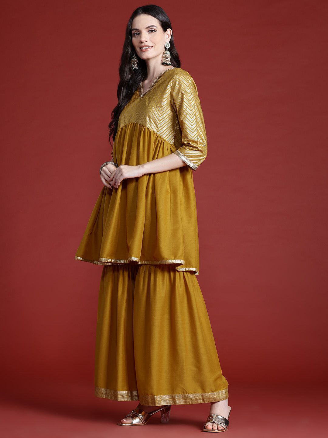 Anouk Printed Panelled Sequinned Kurta with Sharara & Dupatta