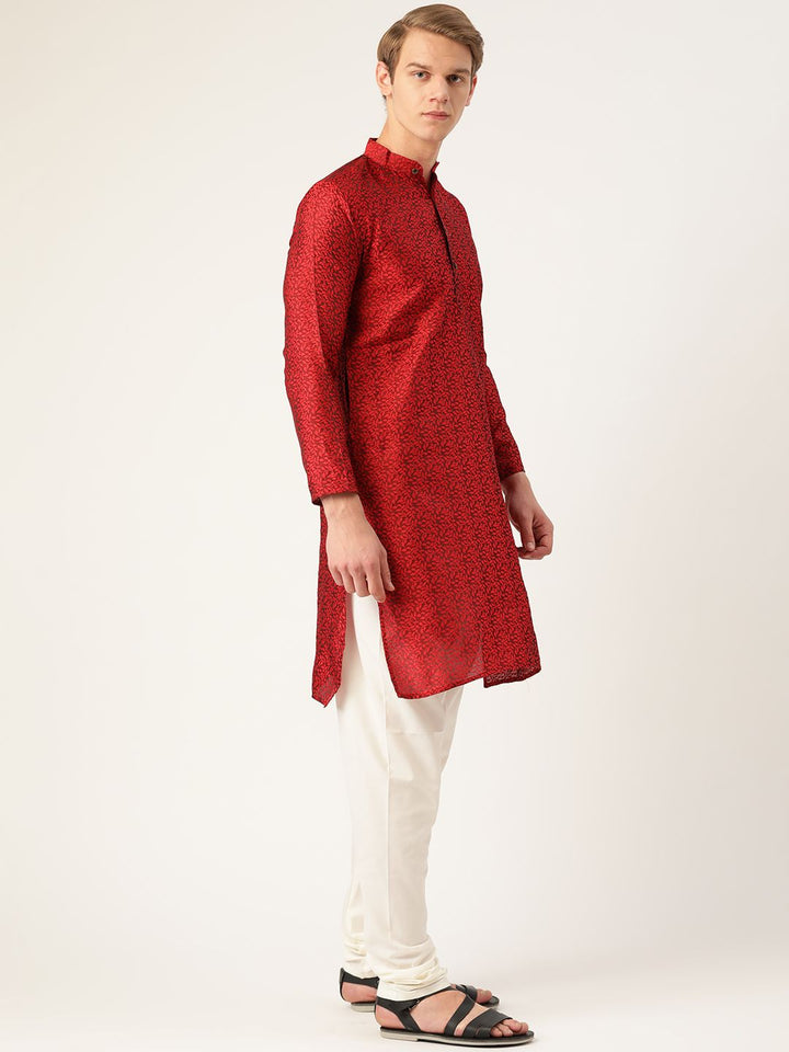 SOJANYA Men Maroon Ethnic Motifs Kurta with Churidar & Nehru Jacket