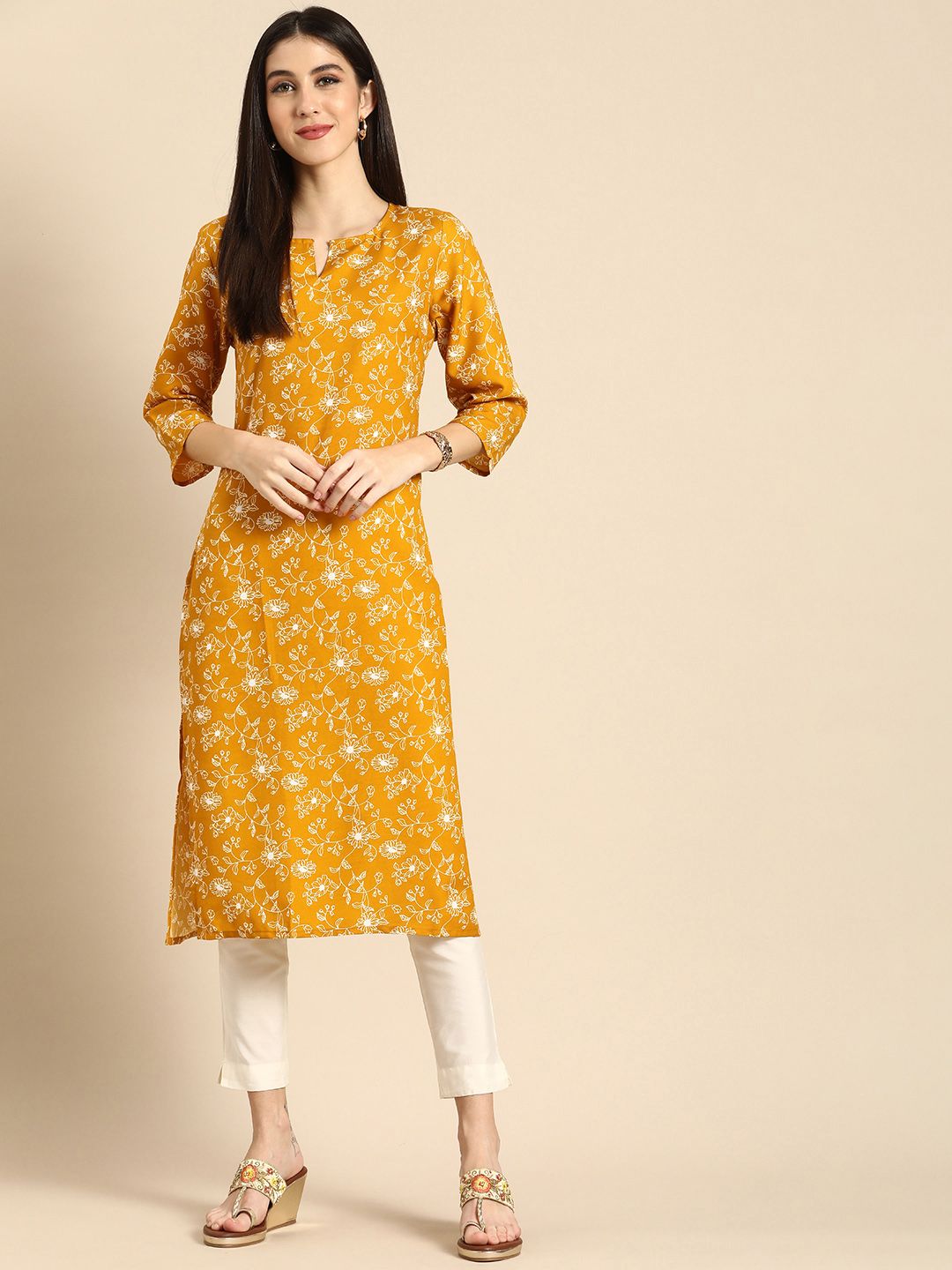 Anouk Women Yellow & White Floral Printed Pure Cotton A-Line Kurta