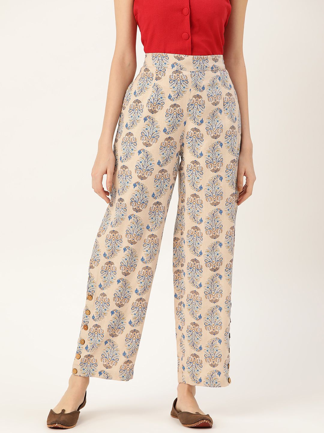 Shae by SASSAFRAS Women Beige & Blue Loose Fit Printed Regular Trousers