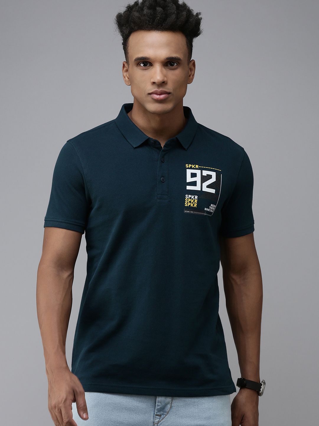 SPYKAR Men Brand Logo Printed Polo Collar Pure Cotton Slim Fit T-shirt