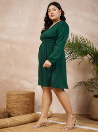 Berrylush Curve Plus Size Green Puff Sleeves Smocked Empire Dress