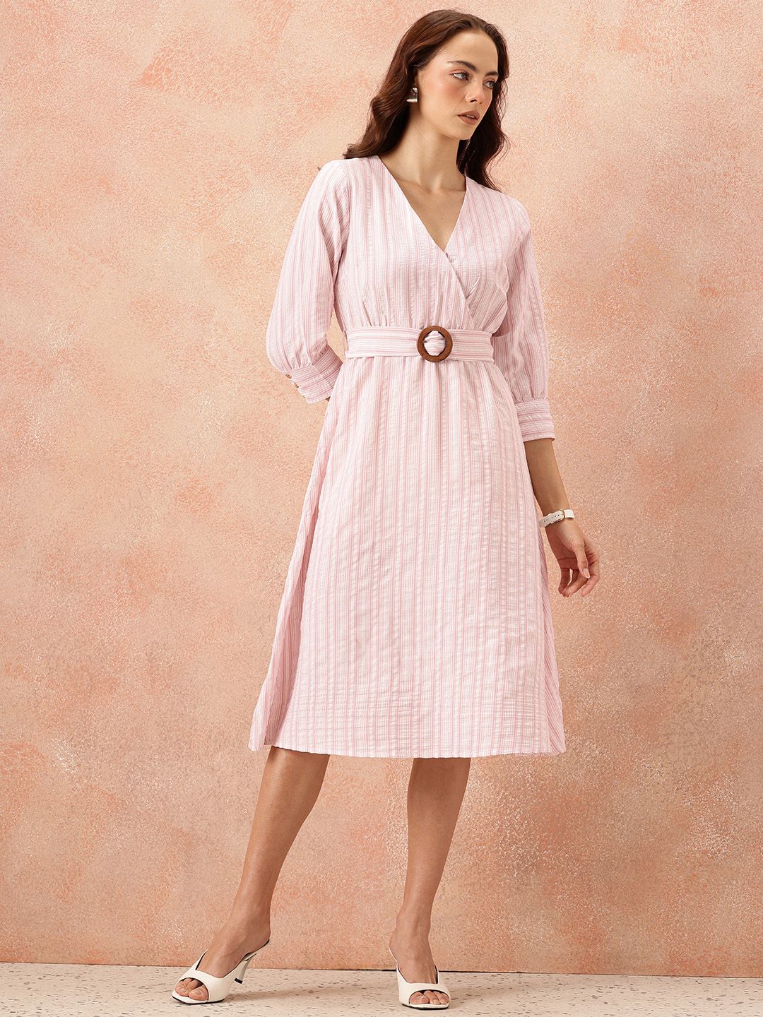 all about you Vertically Striped Seersucker Wrap-Style Midi A-Line Dress with Belt