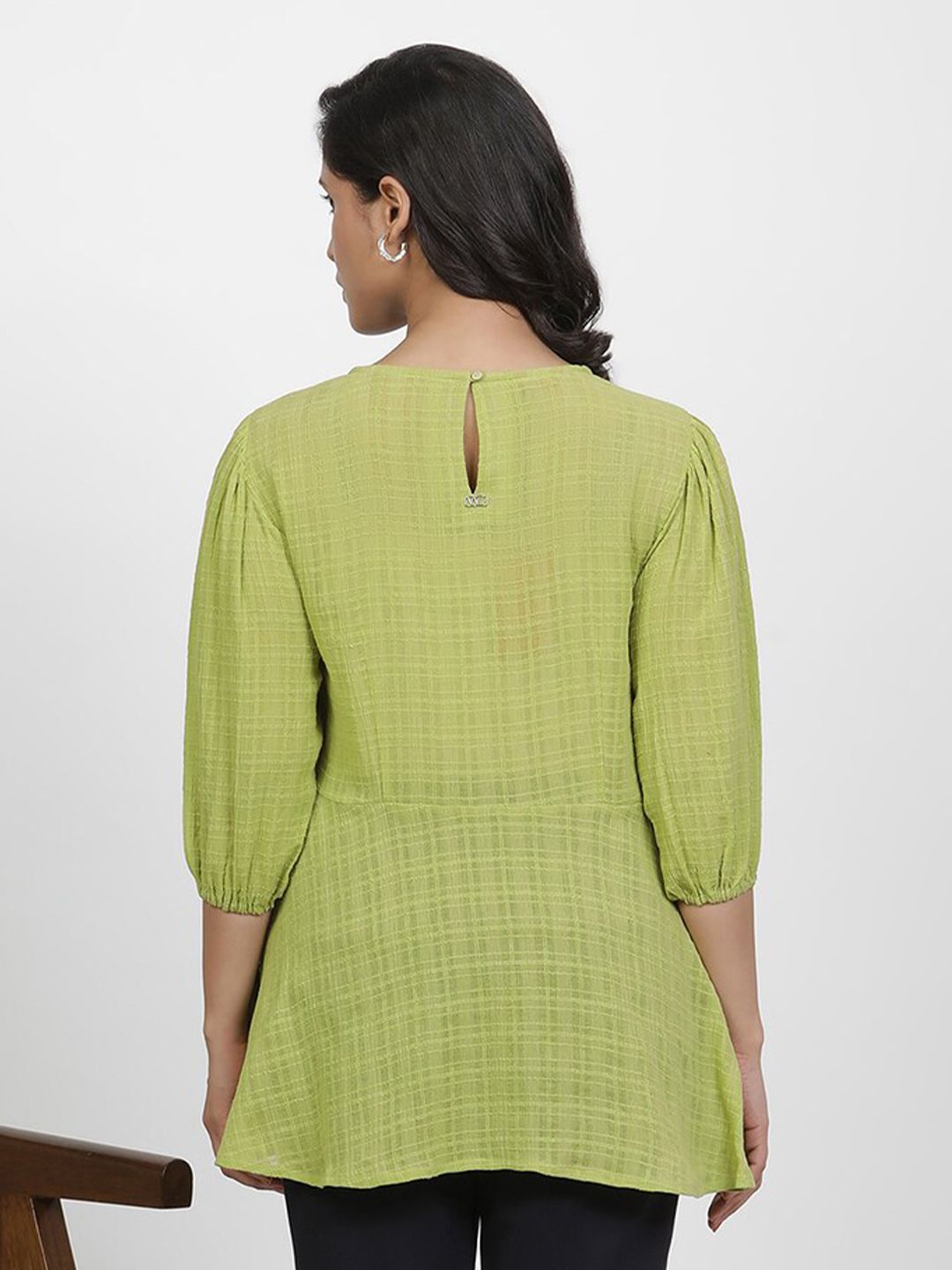 W Floral Embroidered Puffed Sleeves Pure Cotton Longline A-Line Top