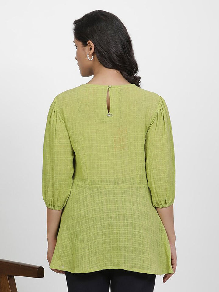 W Floral Embroidered Puffed Sleeves Pure Cotton Longline A-Line Top
