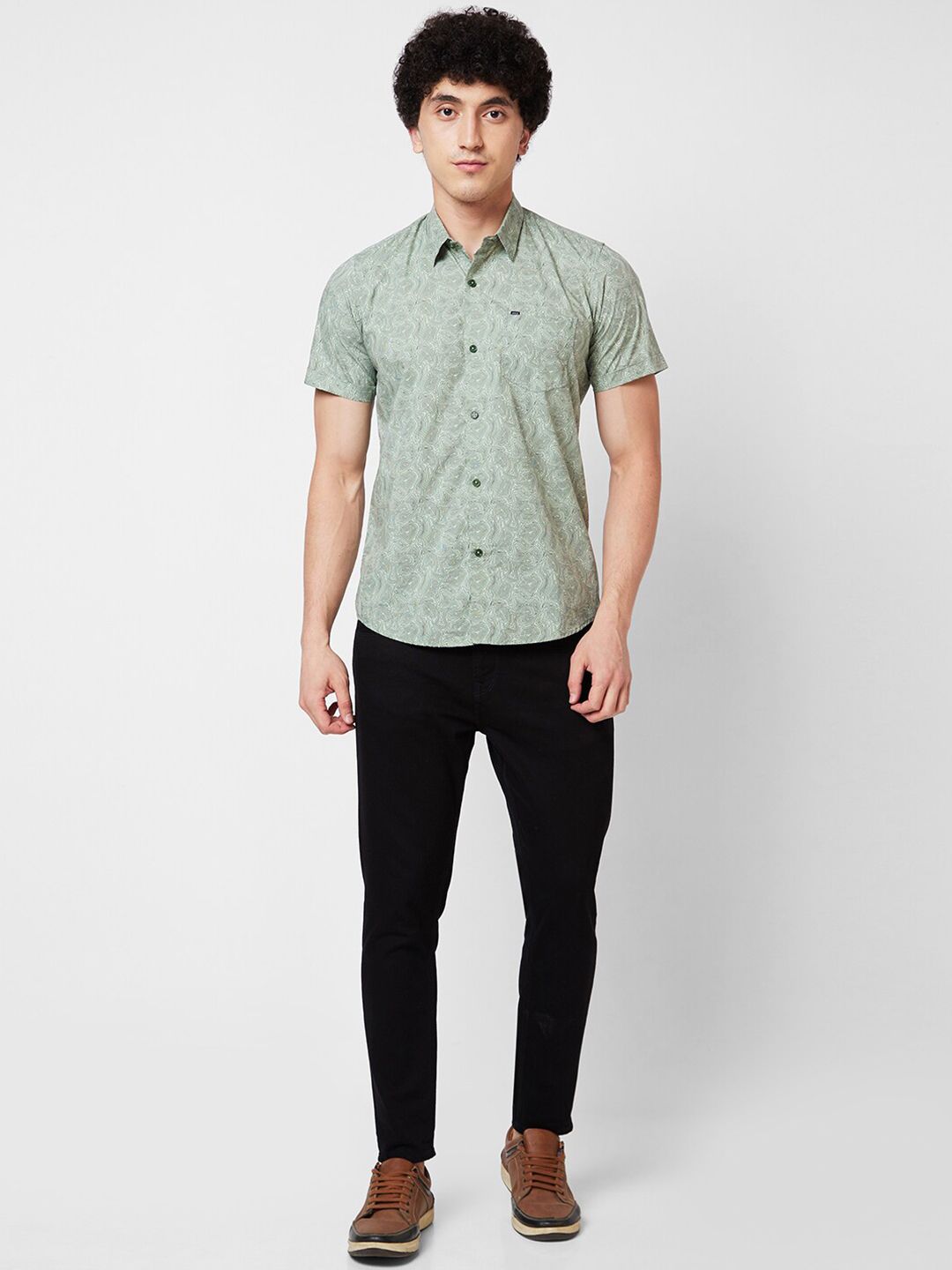 SPYKAR Spread Collar Short Sleeves Printed Casual Cotton Shirt