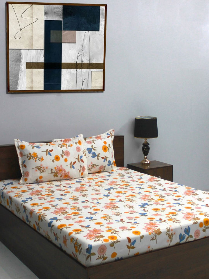 BOMBAY DYEING Vista Yellow & White Floral 144 TC Queen Bedsheet With 2 Pillow Covers
