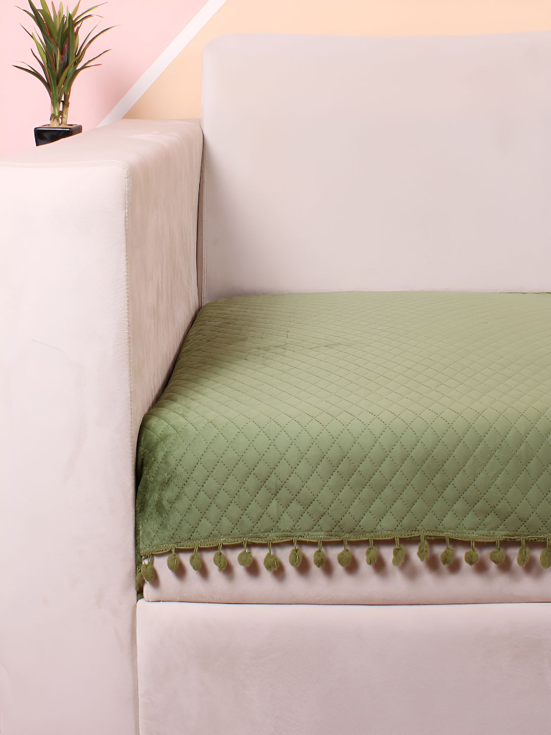 STITCHNEST Olive Green & Beige Self Design 2 Seater Sofa Cover